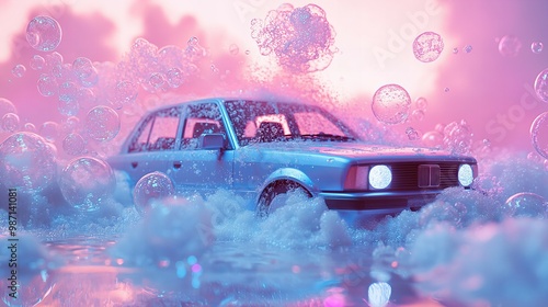 Colorful retro car covered in rich soap foam and bubbles at a vibrant car wash concept new beautiful stock image illustration AI photo