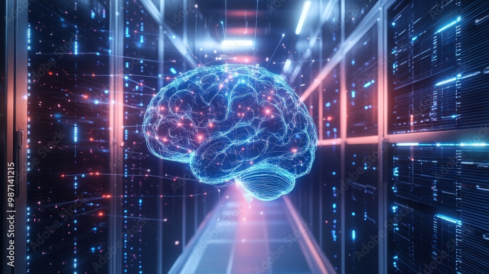 Obraz premium A glowing digital brain in a server room, representing artificial intelligence.
