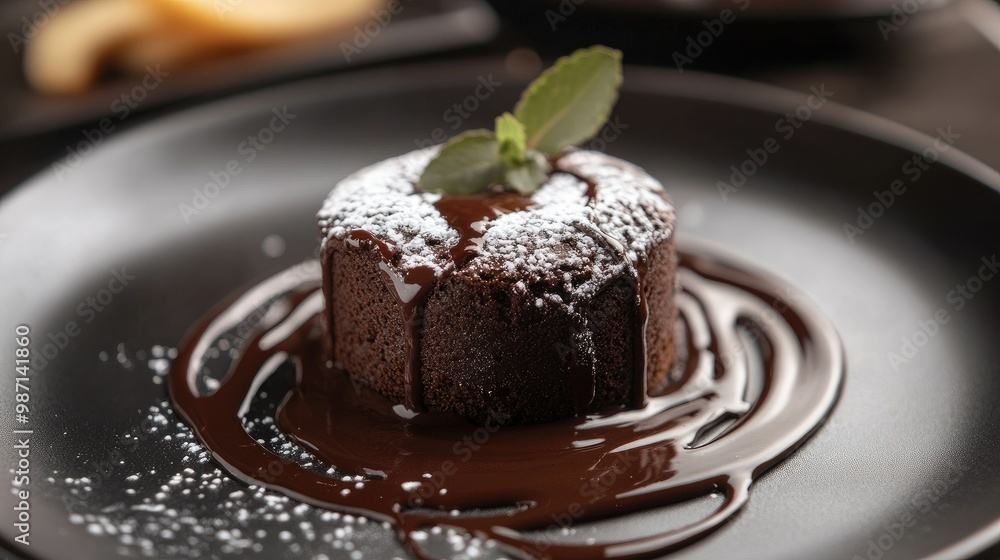 A luxurious chocolate dessert with swirls of sauce and powdered sugar on a stylish plate A luxurious chocolate dessert with swirls of sauce and powdered sugar on a stylish plate