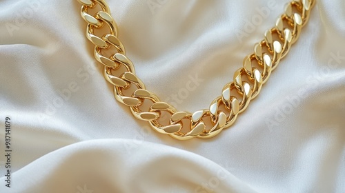 A luxurious gold chain necklace placed on soft, white textured fabric, detailed and elegant