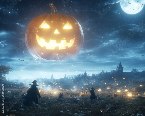 Giant floating jack-o-lantern glowing brightly in a fog-covered field photo