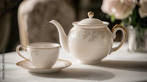 A luxurious white teapot and creamer with fine gold trim and intricate floral patterns, placed elegantly on a clean table.