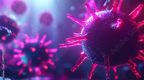 Microscopic Virus with Neon Glowing Effect Representing Infectious Disease and Pandemic in a Public Health Context