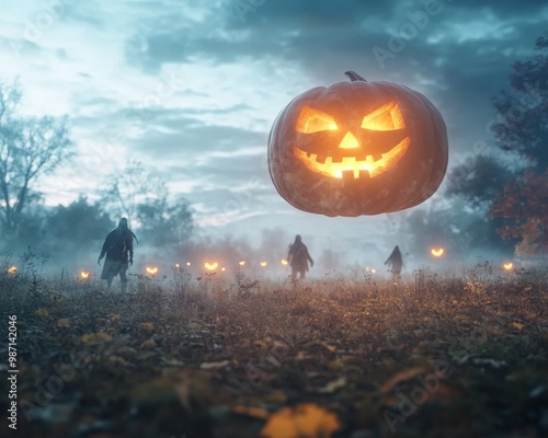 Giant floating jack-o-lantern glowing brightly in a fog-covered field photo