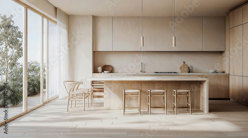 Bright kitchen with minimalist design, wooden cabinets, and large windows.