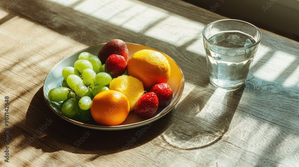 A plate filled with colorful, fresh fruits next to a glass of clear water on a rustic wooden table, bright natural light illuminating the scene. A plate filled with colorful, fresh fruits next to a glass of clear water on a rustic wooden table, bright natural light illuminating the scene.