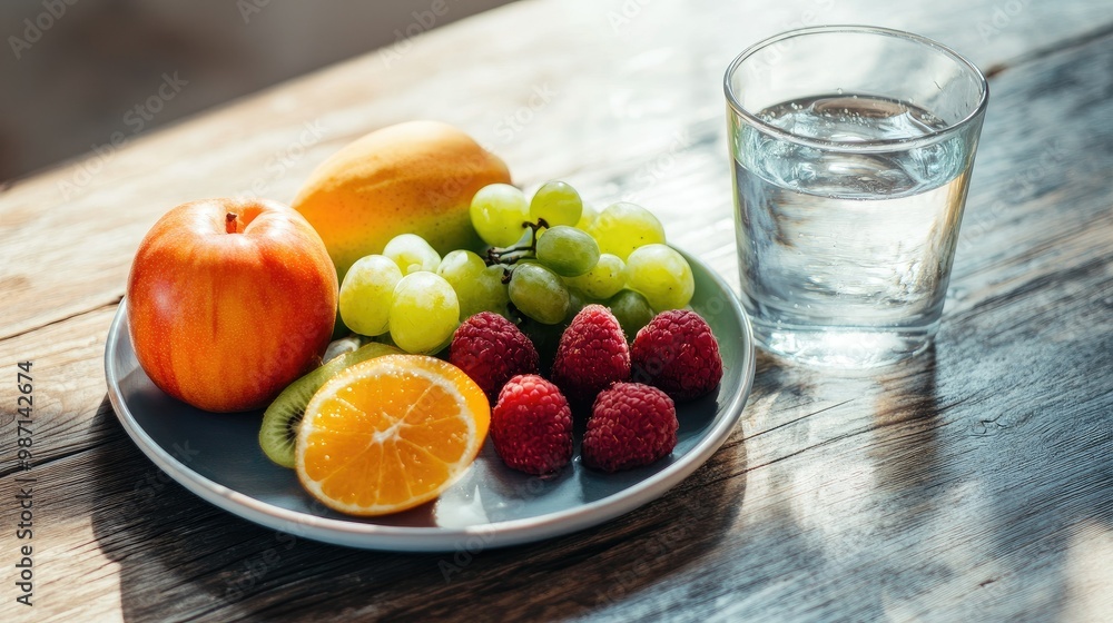A plate filled with colorful, fresh fruits next to a glass of clear water on a rustic wooden table, bright natural light illuminating the scene. A plate filled with colorful, fresh fruits next to a glass of clear water on a rustic wooden table, bright natural light illuminating the scene.