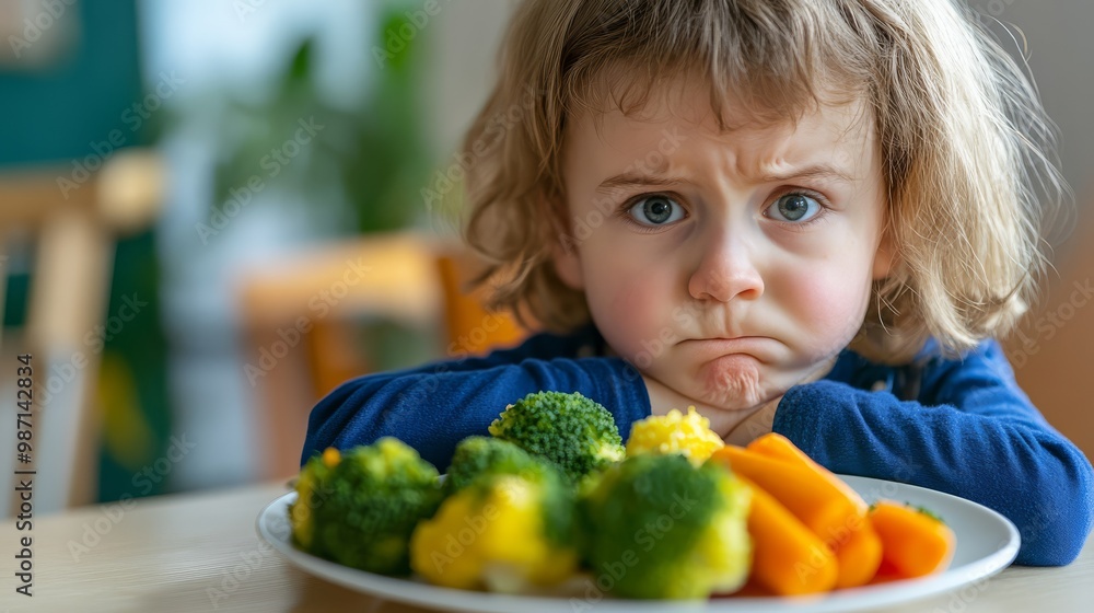 A young child with a displeased expression stares at a plate of broccoli and carrots, signaling their dislike for the vegetables. A young child with a displeased expression stares at a plate of broccoli and carrots, signaling their dislike for the vegetables.