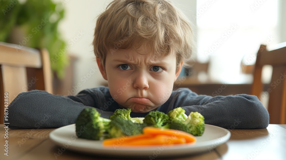 A young child with a pouty face reluctantly looking at a plate of broccoli and carrots, depicting the struggle with healthy eating. A young child with a pouty face reluctantly looking at a plate of broccoli and carrots, depicting the struggle with healthy eating.