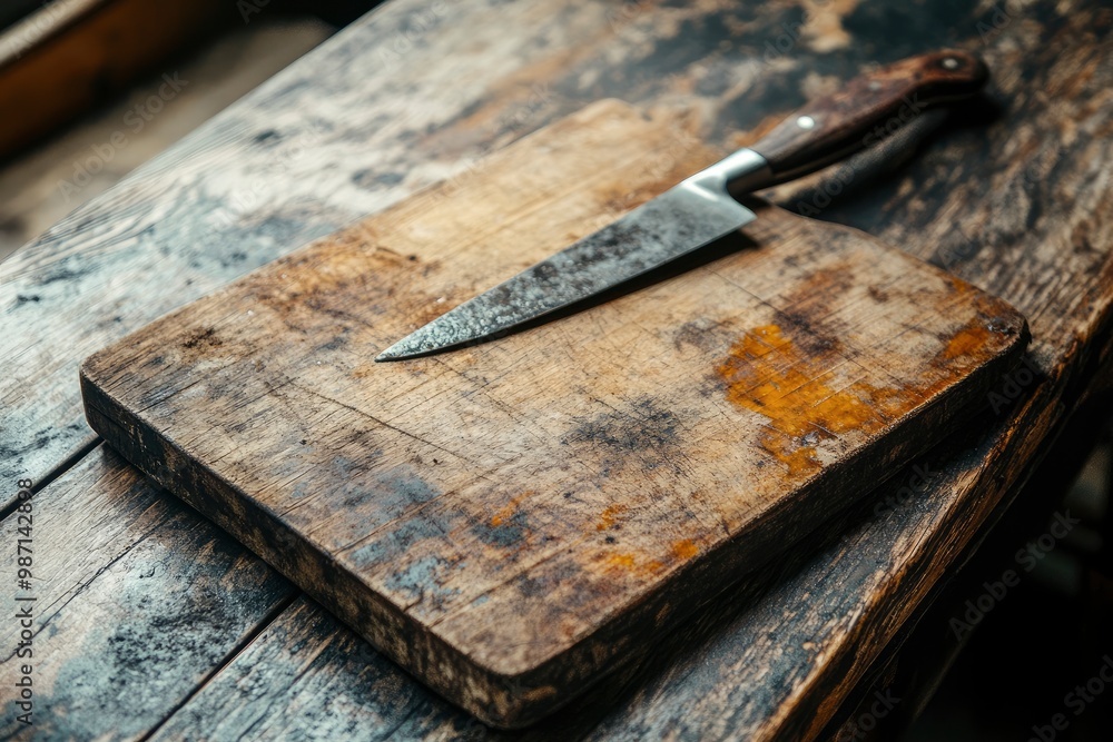 An old and moldy wooden board for cutting vegetables with knife scratches. Vintage kitchen appliance for cooking food, ai An old and moldy wooden board for cutting vegetables with knife scratches. Vintage kitchen appliance for cooking food, ai