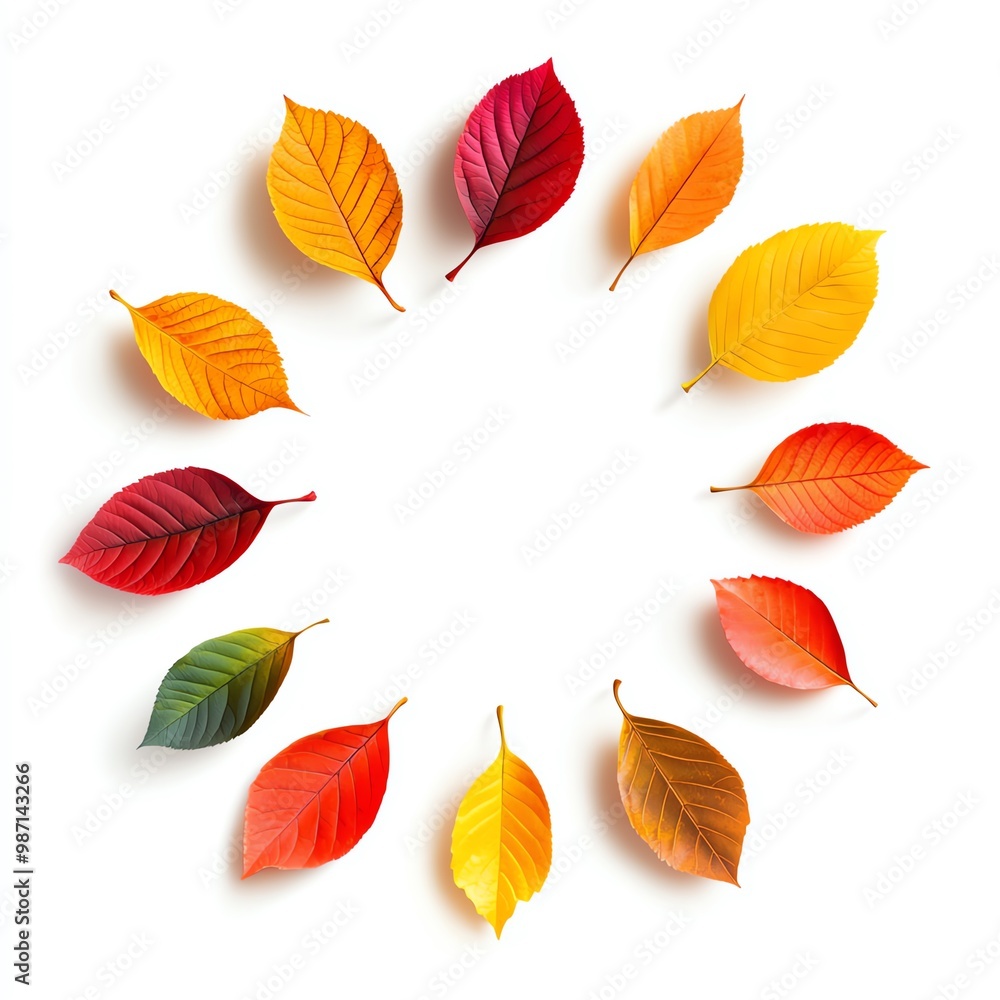 Colorful autumn leaves arranged in a circle on a white background. Colorful autumn leaves arranged in a circle on a white background.