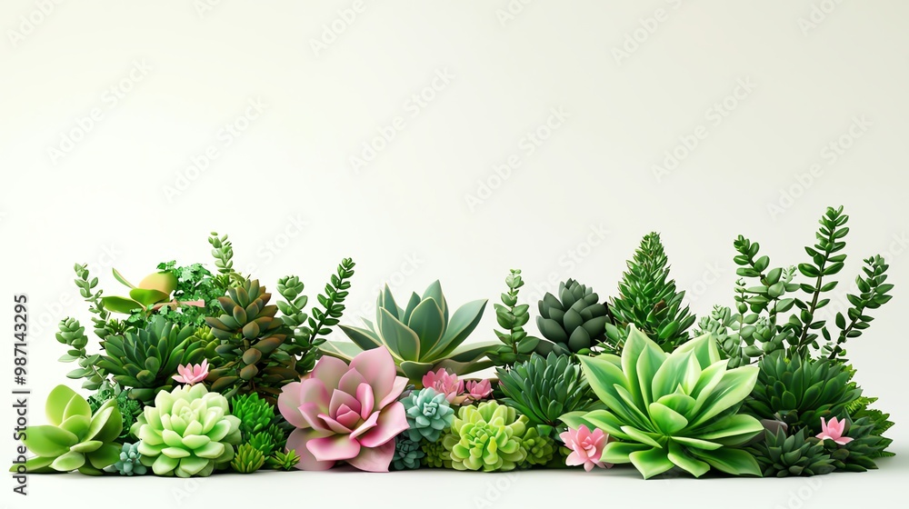 Colorful selection of succulents and cacti arranged in a row, isolated on a white background. Colorful selection of succulents and cacti arranged in a row, isolated on a white background.