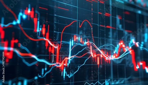 Dynamic abstract visualization of stock market trends featuring glowing red and blue lines representing economic data fluctuations.