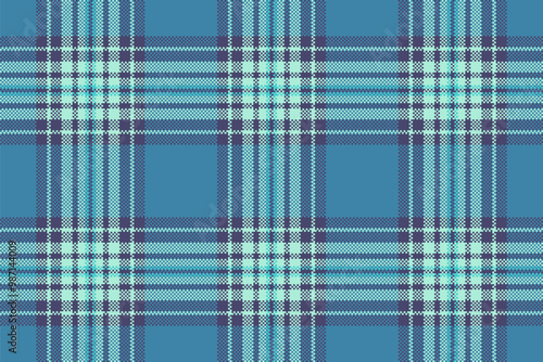 Harvest seamless check tartan, curve pattern vector texture. Retro background plaid fabric textile in cyan and indigo colors.
