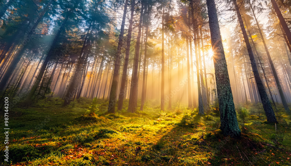 Naklejka premium Fairytale mood in a foggy forest. Fairytale mood in a forest in autumn, with the mystical