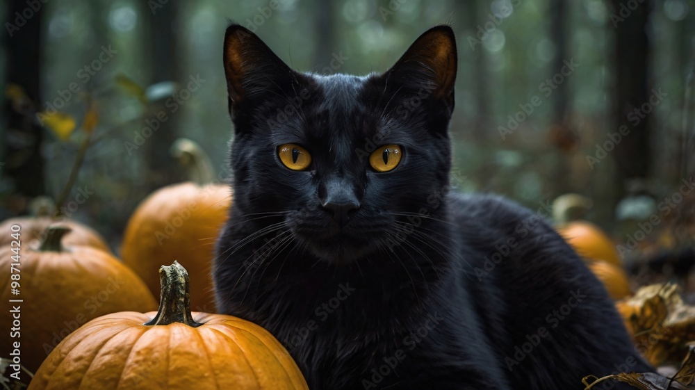 A close-up of a black cat with glowing eyes sitting on a pumpkin, with a background of dark woods and a mysterious mist rolling in 