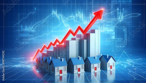 Rising property values concept with red house layout on rising red line graph on abstract blue background. 3D rendering photo