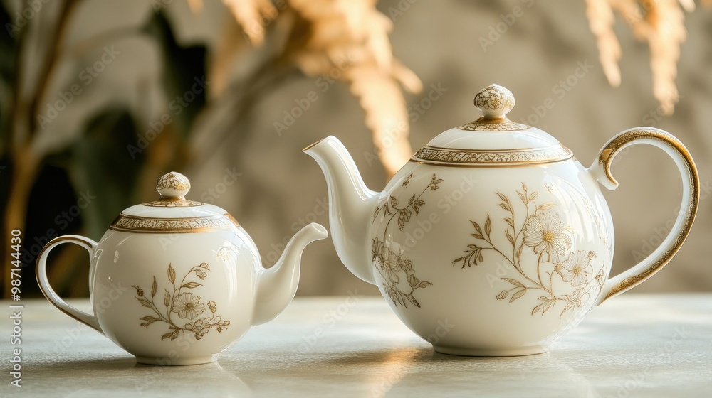 An elegant teapot and creamer in white, adorned with gold trim and subtle floral designs, displayed on a clean surface. An elegant teapot and creamer in white, adorned with gold trim and subtle floral designs, displayed on a clean surface.