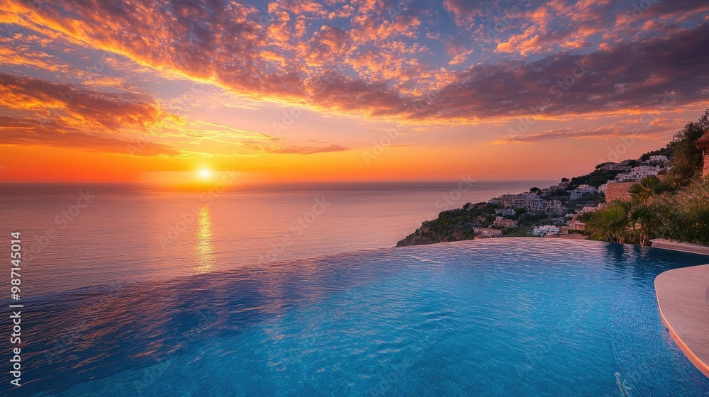 Obraz premium Breathtaking sunset over the Mediterranean Sea viewed from a luxury resort pool, with a hillside town in the distance.