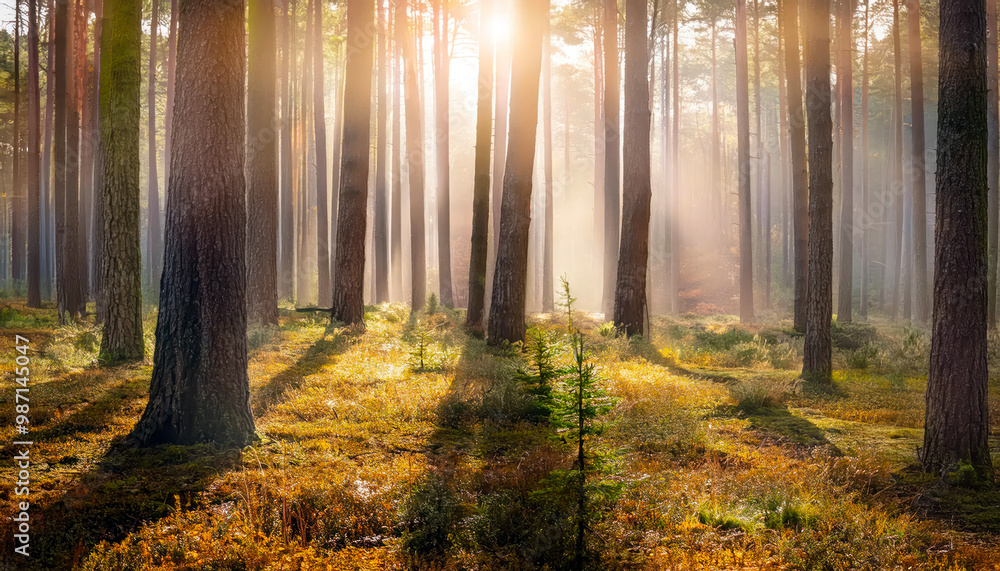 Fairytale mood in a foggy forest. Fairytale mood in a forest in autumn, with the mystical Fairytale mood in a foggy forest. Fairytale mood in a forest in autumn, with the mystical