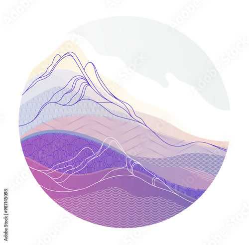 Nature art oriental Japanese style vector abstract background in a shape of circle, runny like water shapes and lines with textures.