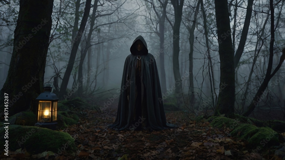 A dark forest setting with a mysterious figure dressed in a cloak A dark forest setting with a mysterious figure dressed in a cloak