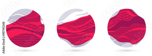 Oriental Japanese style vector abstract illustrations set in red color in a shape of circle, backgrounds in Asian traditional style, wavy shapes and mountains terrain, runny like sea lines.