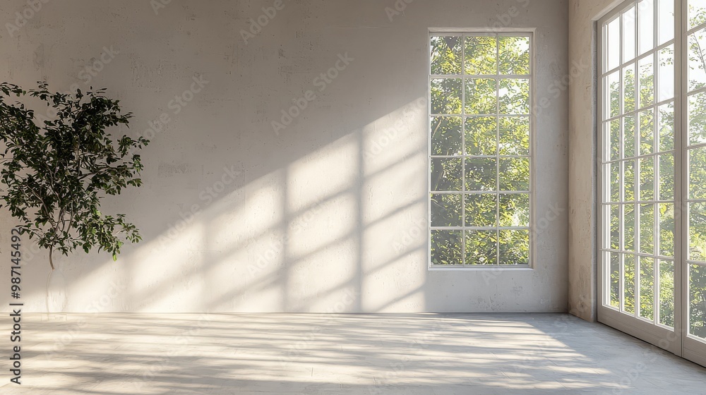 Bright minimalist room with large windows and natural light casting shadows, showcasing serene and peaceful interior design. Bright minimalist room with large windows and natural light casting shadows, showcasing serene and peaceful interior design.