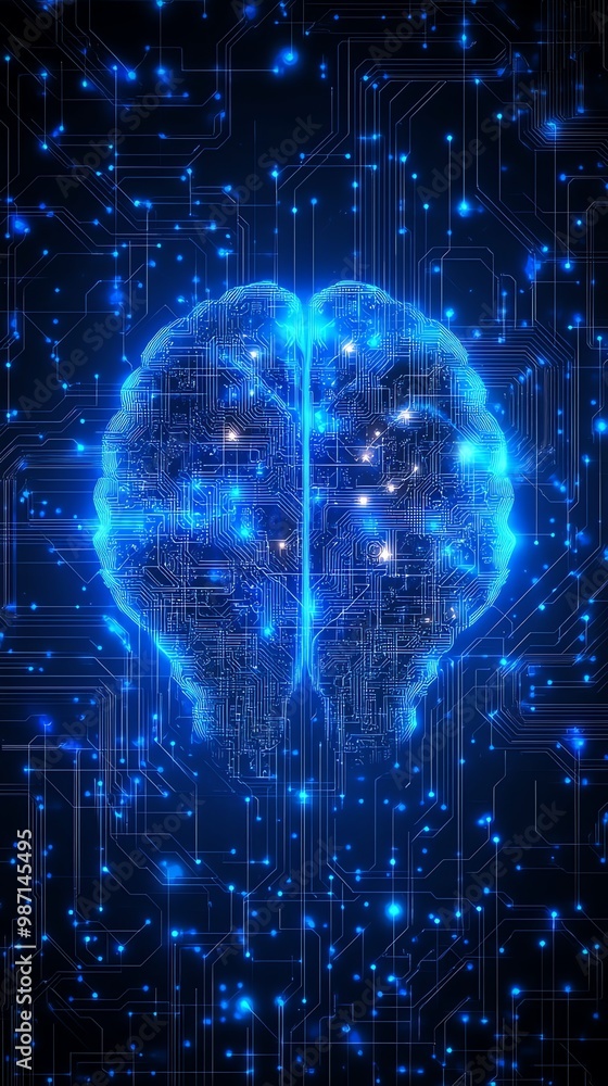 Blue glowing human brain made of circuit board on dark background. Blue glowing human brain made of circuit board on dark background.