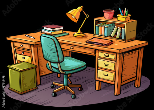 cartoon vector illustration of office desk and chair, interior design with table, black isolated background, business, books