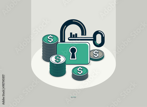 Padlock with coins stack vector conceptual poster, secured savings concept, simple icon style illustration of a lock with money, financial safety metaphor, financial protection.