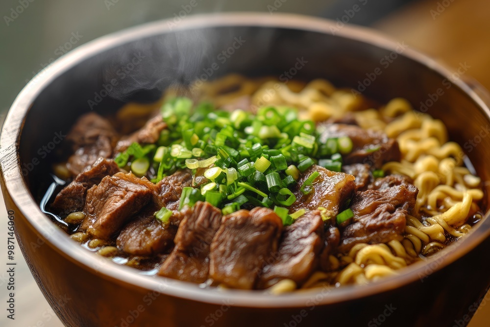 A bowl of ramen with noodles, meat and green onions, served in a wooden bowl, ai A bowl of ramen with noodles, meat and green onions, served in a wooden bowl, ai