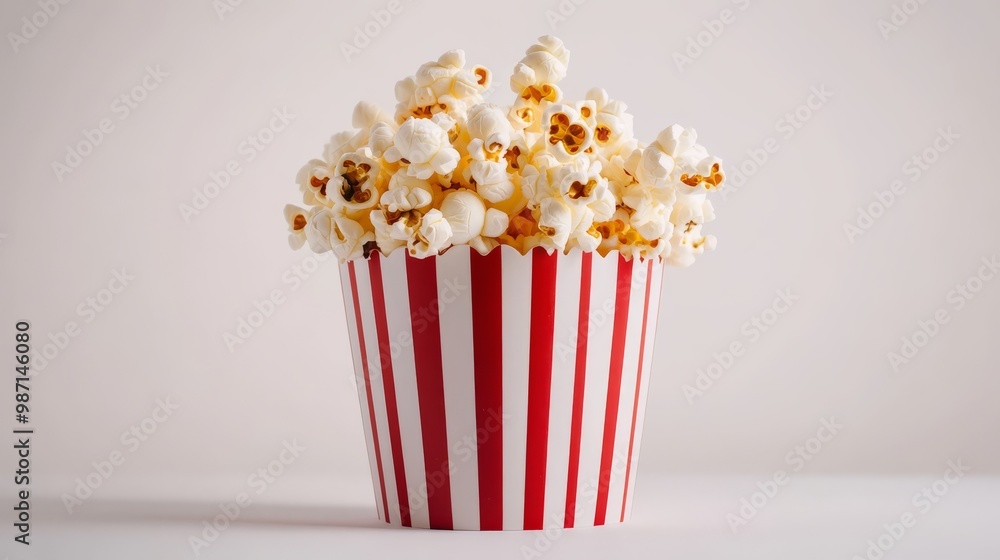Classic red and white striped popcorn container filled with fresh popcorn, isolated on a plain background. Classic red and white striped popcorn container filled with fresh popcorn, isolated on a plain background.