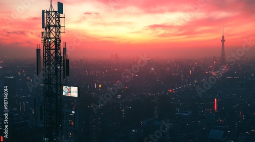 City skyline at dusk with a communication tower in the foreground, displaying vibrant sunset colors and urban lights.