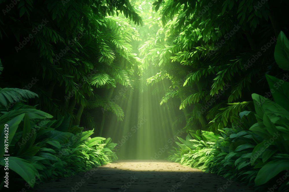 Naklejka premium A tranquil forest path surrounded by lush greenery and soft sunlight creating a peaceful retreat in nature.