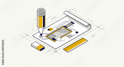 Architectural engineering concept, construction plan in creation progress, blueprint technical plan 3D isometric vector illustration, build cad project.