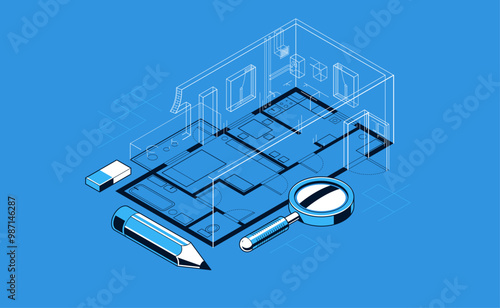 Flat plan drawing with pencil, floorplan residential house or apartment blueprint implementation, 3D isometric vector illustration, interior design project house construction embodiment.