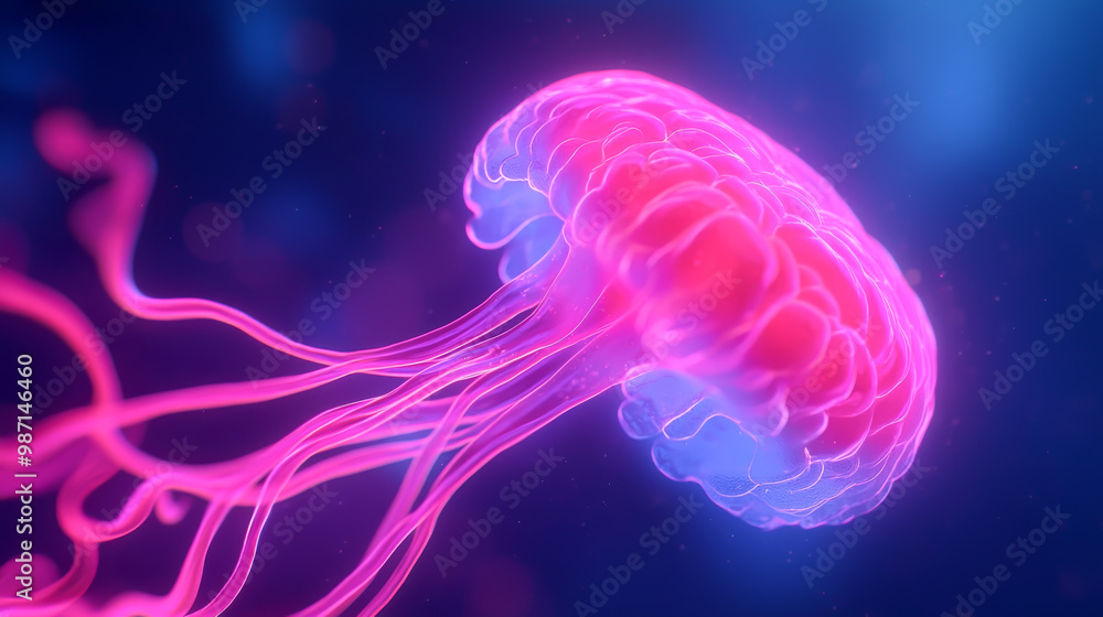 A vibrant, glowing jellyfish floats gracefully in a deep blue ocean, showcasing its colorful, translucent body and flowing tentacles. A vibrant, glowing jellyfish floats gracefully in a deep blue ocean, showcasing its colorful, translucent body and flowing tentacles.