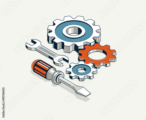 Repair and maintenance concept, technics service, gears and tools in 3D isometric projection vector illustration, technical mechanical workshop.