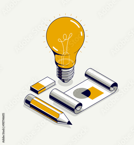 Creative idea concept, light bulb with pencil 3D isometric vector design, engineering project, education and learning, invention and solution concept.