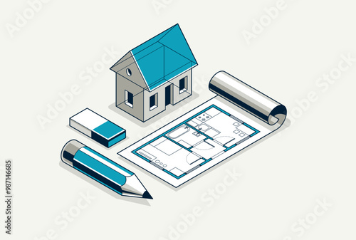 House project concept, 3D isometric vector illustration of a small house and blueprint building project, construction architectural model, residential family small house.