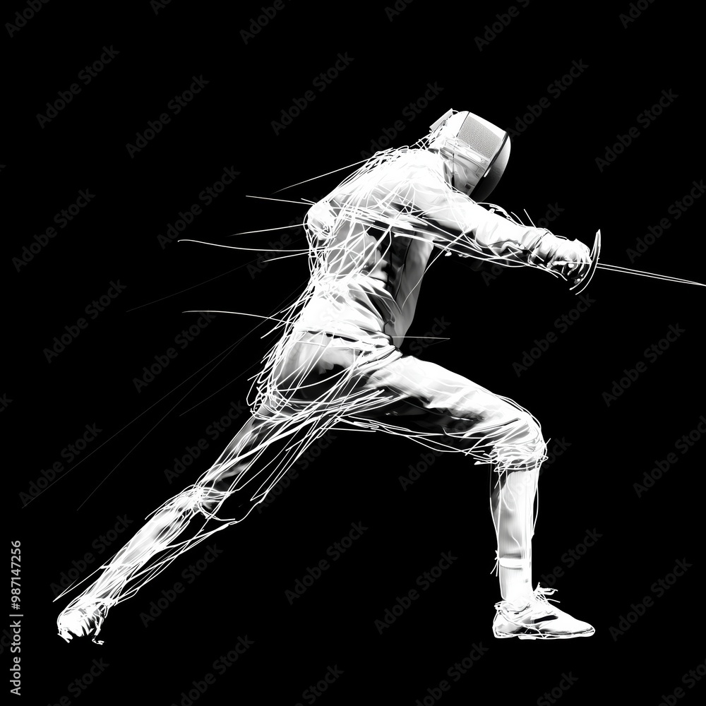 Elegant Fencer Lunge in White and Silver Outline on Black Elegant Fencer Lunge in White and Silver Outline on Black