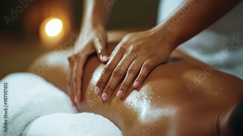 Wallpaper Mural Close-up of a person receiving a relaxing back massage in a spa setting. The ambiance is calm with dim lighting and soft focus. Torontodigital.ca