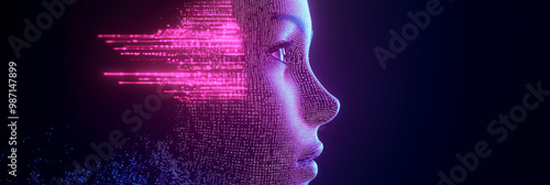 close up of AI robot face showcasing digital features and vibrant colors photo