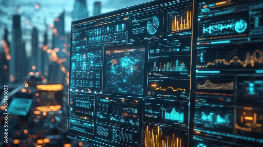 Naklejka premium Futuristic computer screen with various data and charts.