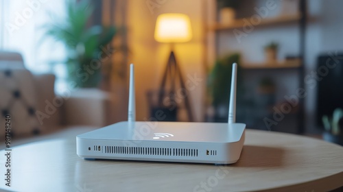 Close-up of a wireless router with two antennas on a wooden table in a cozy living room with a lamp in the background.