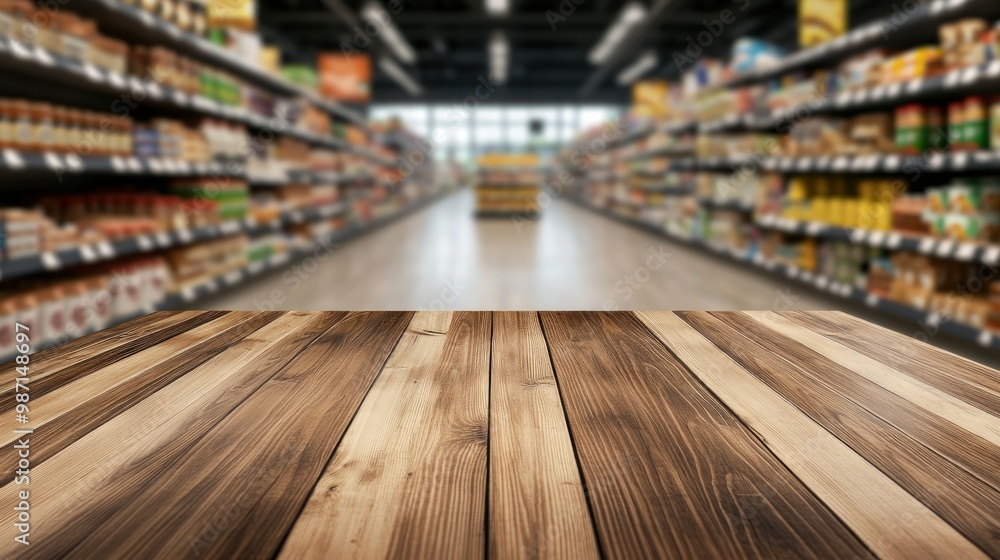 Wooden Tabletop in Supermarket Aisle Wooden Tabletop in Supermarket Aisle