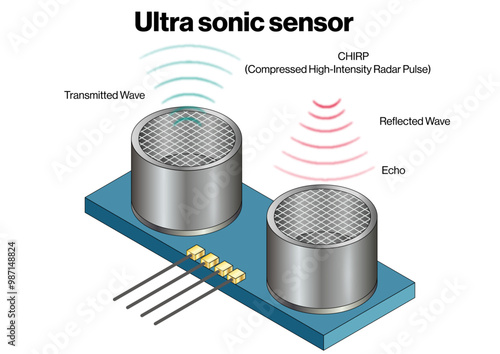 Ultrasonic Sensor Structure and Working Principle Medical Illustration, Sonic Wave Detection Visualization