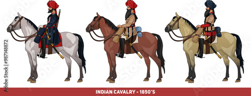 Set of Three Indian Irregular Cavalrymen in British Service from 1850's During The Indian Mutiny, Isolated on Transparent Background, Vector EPS 10