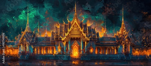 Majestic and ornate fantasy castle or temple complex illuminated at night with a dramatic mystical sky backdrop featuring the moon and celestial elements Intricate architecture mysterious atmosphere